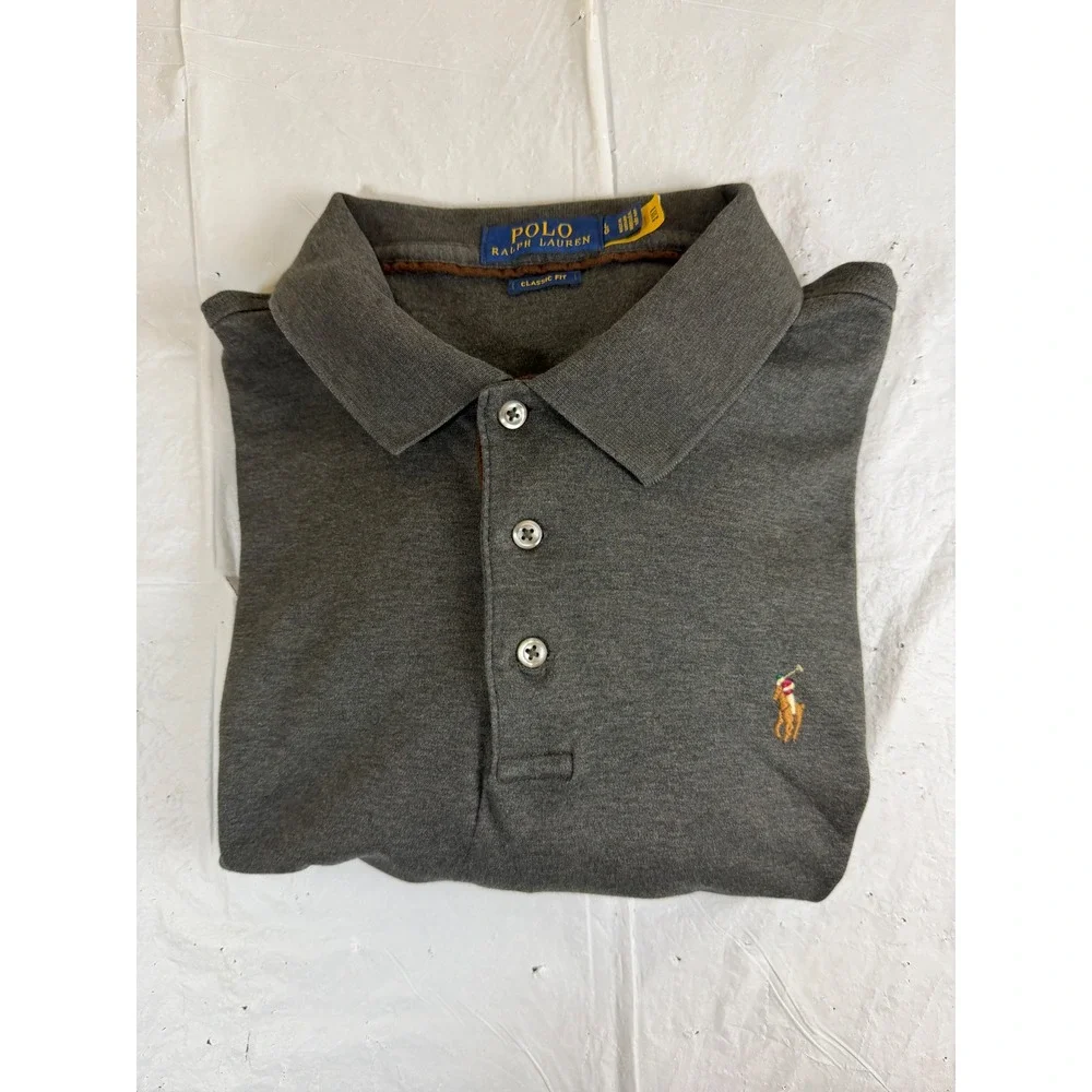 Polo Ralph Lauren Mens Gray Long Sleeve Polo Shirt Classic Fit Cotton Large